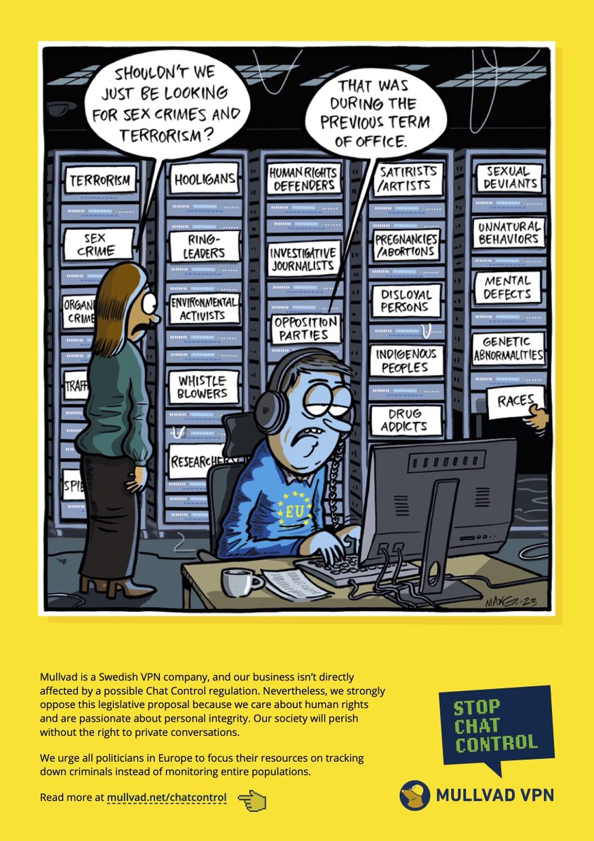 Today we sent a total of 705 brochures, to all the members of the EU Parliament. Just in case they have missed that the EU Commission's chat control proposal violates human rights. We urge them all to vote no. You can download the brochure at mullvad.net/chatcontrol #chatcontrol