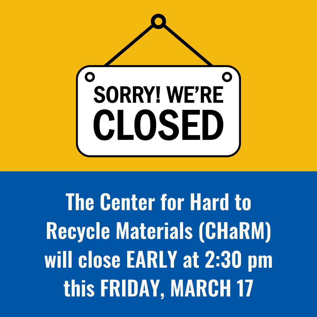 ecocycle's tweet photo. We have an upcoming early closure at the Eco-Cycle Center for Hard-to-Recycle Materials (CHaRM)!

The facility will be open for business 9 am–2:30 pm THIS FRIDAY, March 17, and will be closing early for a staff event. CHaRM will resume regular business hours (9 am to 5 pm) on Sat https://t.co/b79vG2YhyH