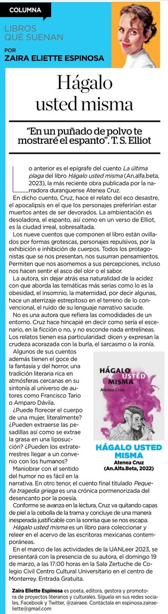 🙌🏻Hoy en #librosquesuenan en su versión impresa para <a href="/ElHorizontemx/">El Horizonte</a> gran novedad editorial que se estrena en la #UANLeer2023 ~Hágalo usted misma~ de <a href="/ateneacruz/">Atenea Cruz</a> por <a href="/ed_an_alfa_beta/">an.alfa.beta</a> 🙌🏻