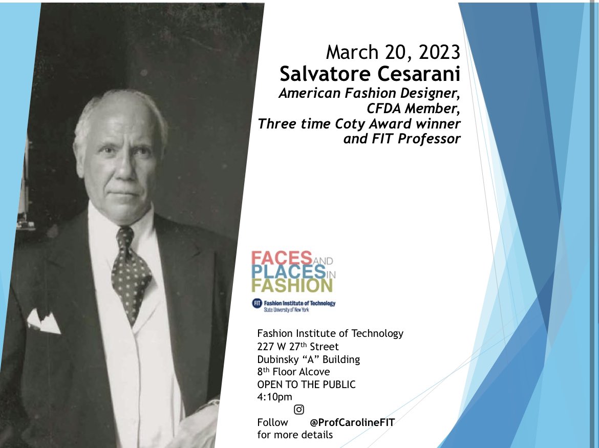 facesplacesFIT's tweet photo. Hope you can make it this coming Monday 3/20 at 4:10pm for a special chat with Salvatore Cesarani on his many years designing in the industry and time at FIT. #fashionstudent #fashion #designer https://t.co/zOAVKZ3lLi https://t.co/G3V8MZVU4y