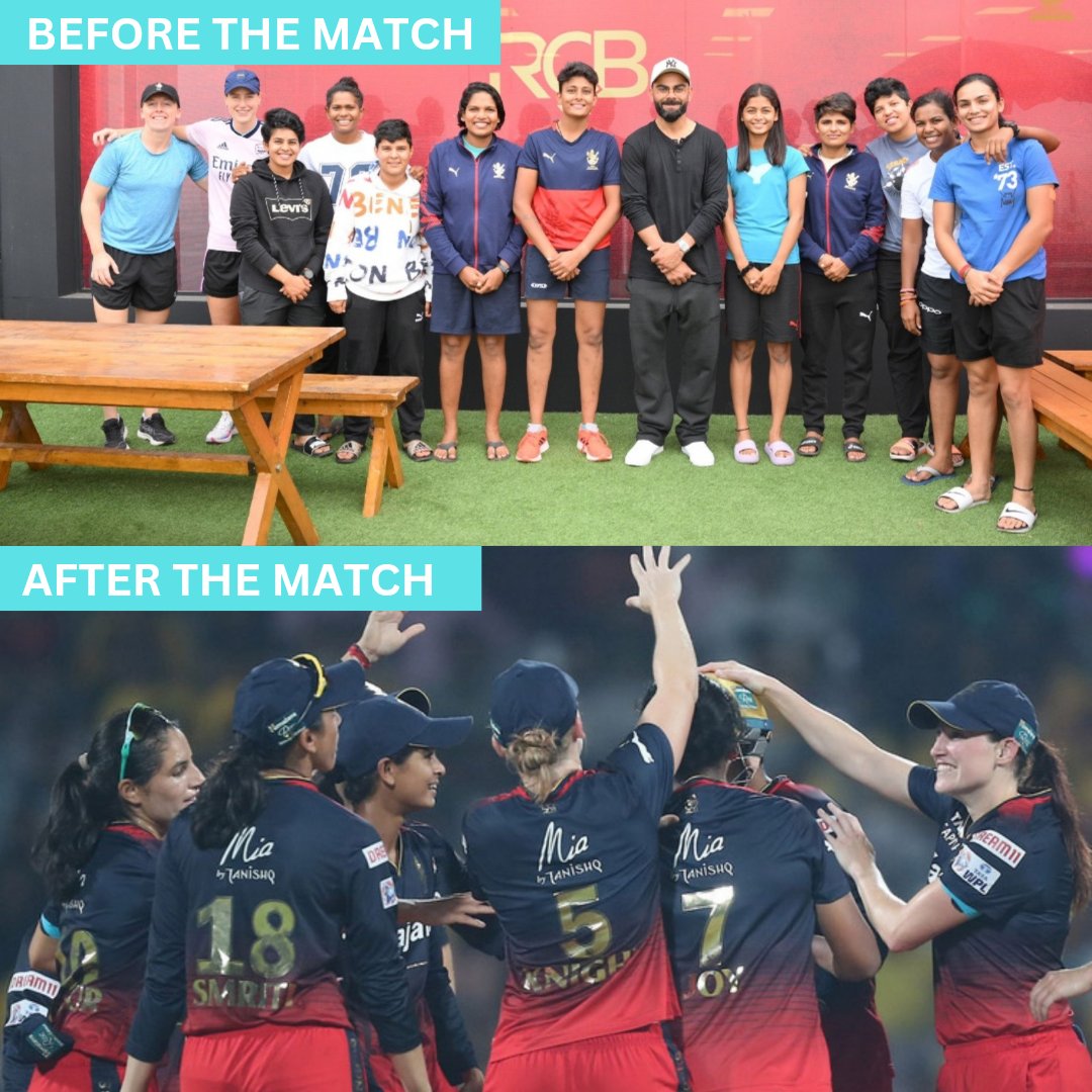 BangaloreWPL's tweet photo. Thank you for motivating the girls, @imVkohli ❤🙏🏻

Finally! We have registered our first win. Well played @RCBTweets 👏👏

#PlayBold #WPL2023 https://t.co/LRrolUlQuF