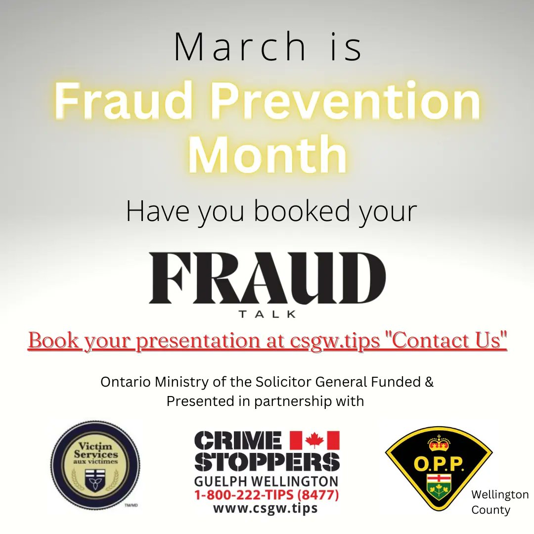 CSGWtips's tweet photo. Delivered a virtual #FraudTalk this morning with @VS_Wellington
You can book your group's online or in person presentation by going to https://t.co/GwESPDvBuF "Contact Us"
@ONsafety funded
#FraudPreventionMonth #Wellington #CountyOfWellington https://t.co/8AQ7cEI7hb