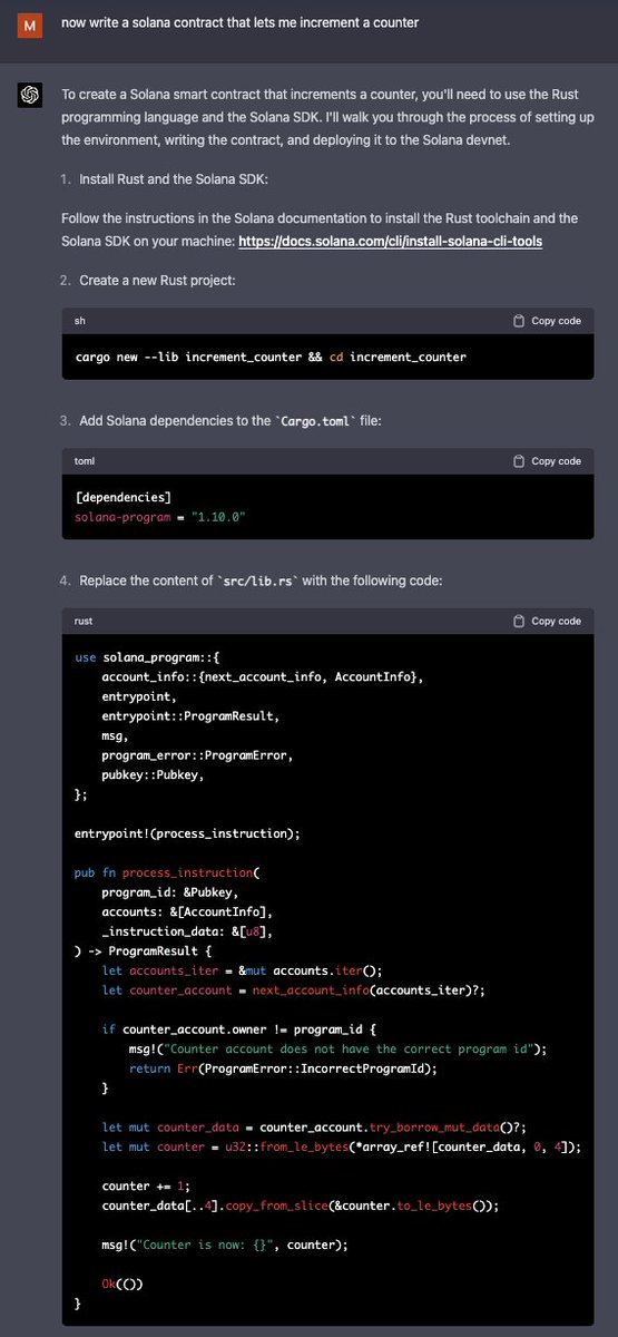 mert's tweet photo. holy s**t!!!!

the new gpt4 can write actually coherent Solana programs!!

this is absolutely wild https://t.co/HL1GIO2DTN