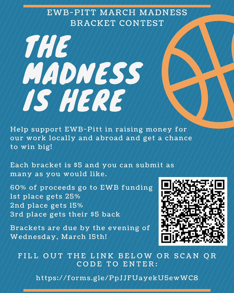 Enter a bracket into our March Madness Bracket Competition for a chance to win money and support EWB! Each bracket is $5 and you can submit as many as you would like! 
Use this link for further instructions and to sign up!
forms.gle/CMpAAQwAoT8TYq…