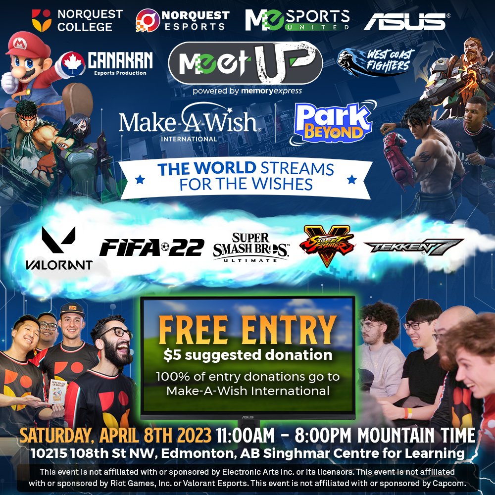 MemoryExpress's tweet photo. We're proud supporters of @MakeAWishCA and @MakeAWishIntl so let's celebrate over an amazing collab MeetUP fundraiser!

Fundraise with us on Sat. Apr. 8th at @NorQuest College for another @MEsportsunited MeetUP where we stream for the wishes!

More info: https://t.co/bskWbvv1Lh https://t.co/ys8RAvDoNb