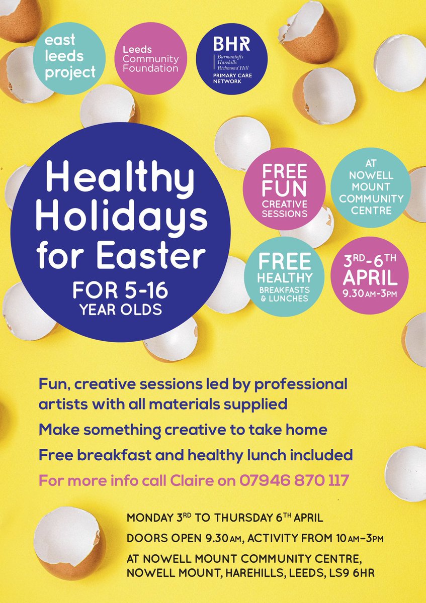 New! FREE fun creative sessions for children and young people in #Harehills during the Easter break. Supported by @LeedsCommFound #HealthyHolidays 🙌 Please share @CllrSalmaArif @HarehillsLove @harehills111 @Child_Leeds @andybirkbeck @ComptonCentre🙏
