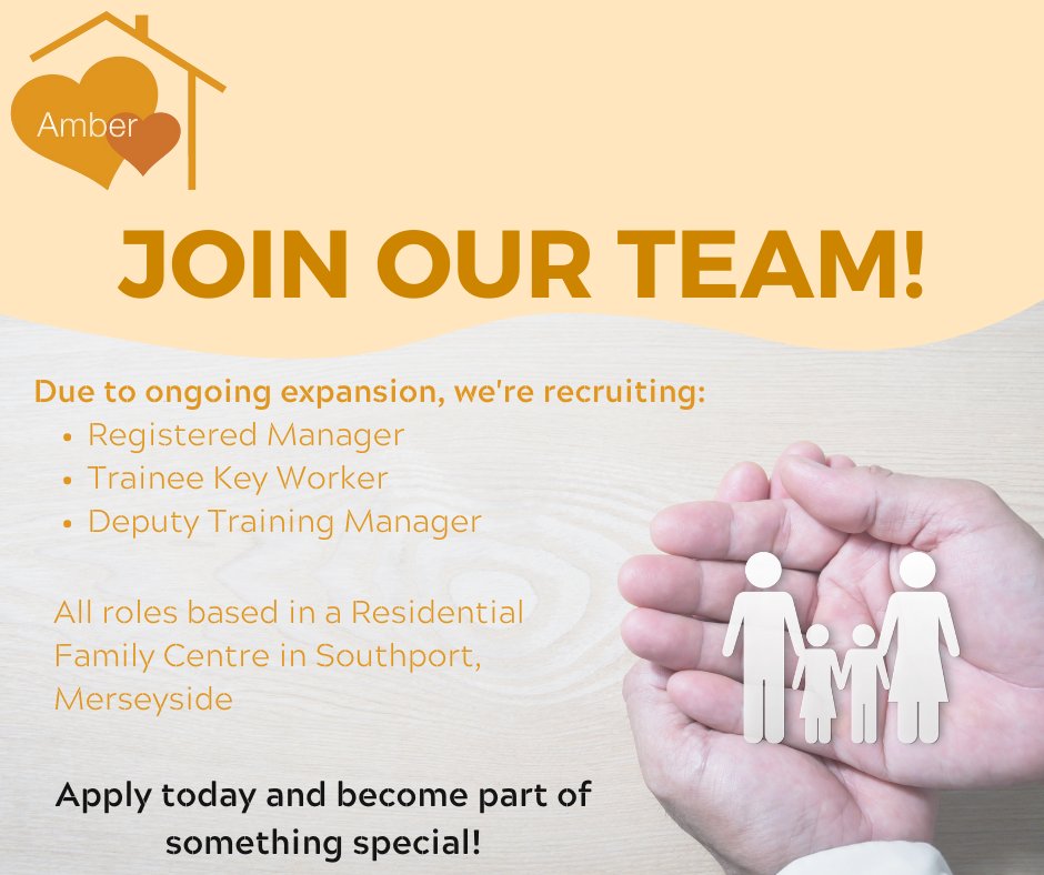 Amber Family are expanding so we're recruiting for a Registered Manager, a Trainee Key Worker and a Deputy Training Manager! 

Check out amberfamily.co.uk/about-us/caree… for more info

#registeredmanager #residentialfamilycentre #training #familysupport #southportjob #job
