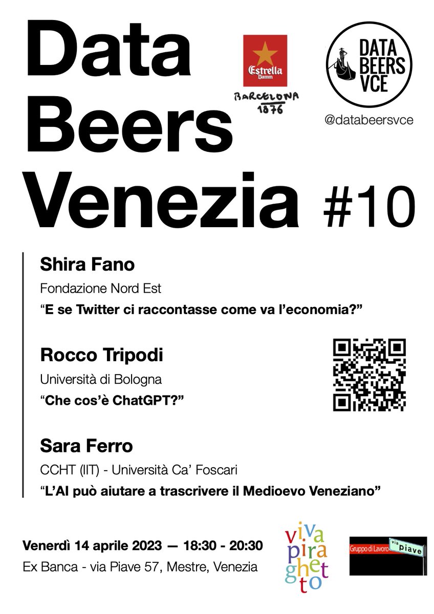 Ci siamo! Venerdì 14 aprile, ore 18:30, torniamo in pista per il #databeers Venezia numero 10! Iscrizioni gratuite aperte: databeersvce10.eventbrite.com

Tre fantastiche presentazioni di <a href="/rocco_tri/">Rocco Tripodi</a> , <a href="/saraferro91/">🦉Sara Ferro</a> e Shira Fano, oltre a tanti bagigi e a tanta birra <a href="/EstrellaDammEs/">Estrella Damm Es</a> !