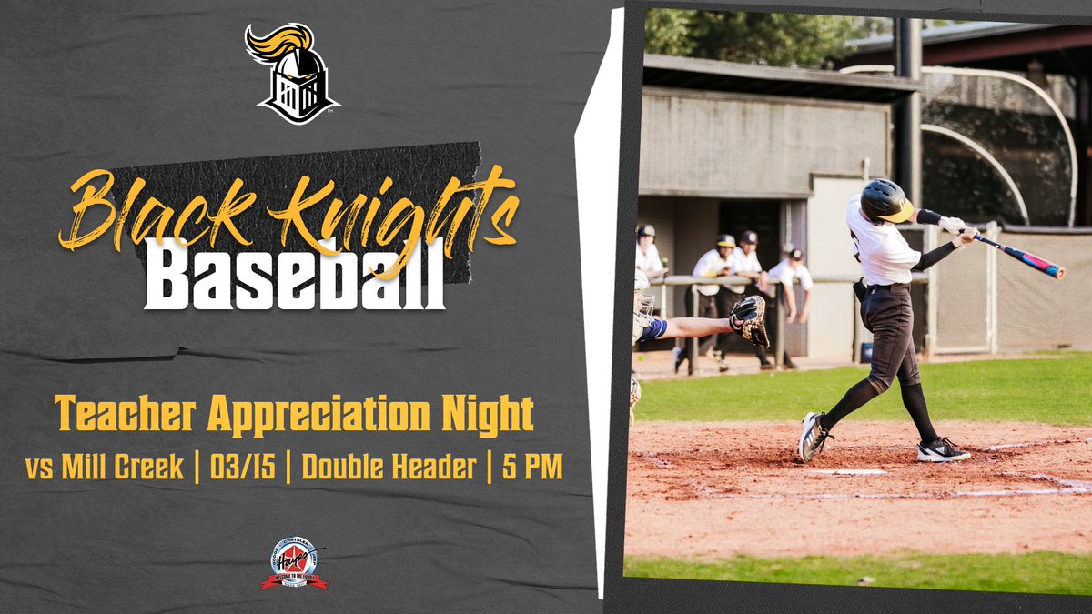 Let's pack the house tonight for Teacher Appreciation as our Black Knights Baseball team hosts Mill Creek for a double header! Coach Craig asks all faculty to be there by 4:30! #UKnighted