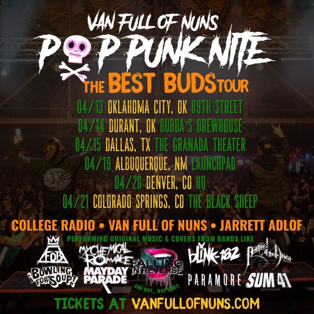 This is happening. We are on all the dates!

Get your tickets 🎫 
Vanfullofnuns.com

Make sure you check out the upgrade (all access) options!

#livemusic #jarrettadlof #collegeradio #vanfullofnuns