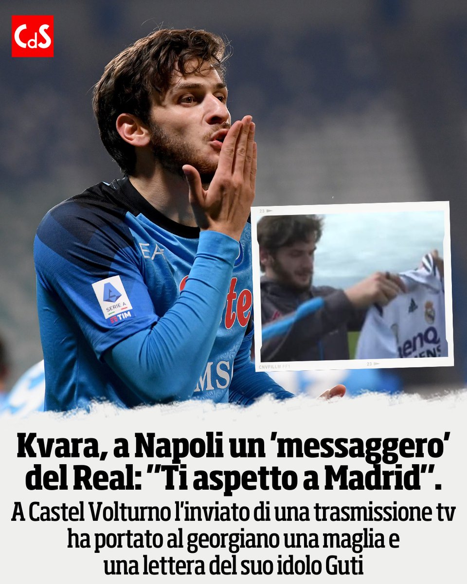 CorSport's tweet image. L'inviato di 'El Chiringuito de Jugones', ha incontrato #Kvaratskhelia consegnandogli  la maglia firmata dell'ex #RealMadrid #Guti: "Per Khvicha, grazie per esserti innamorato del mio calcio. Il tuo farà innamorare molti bambini. Spero di vederti presto a Madrid, a presto".