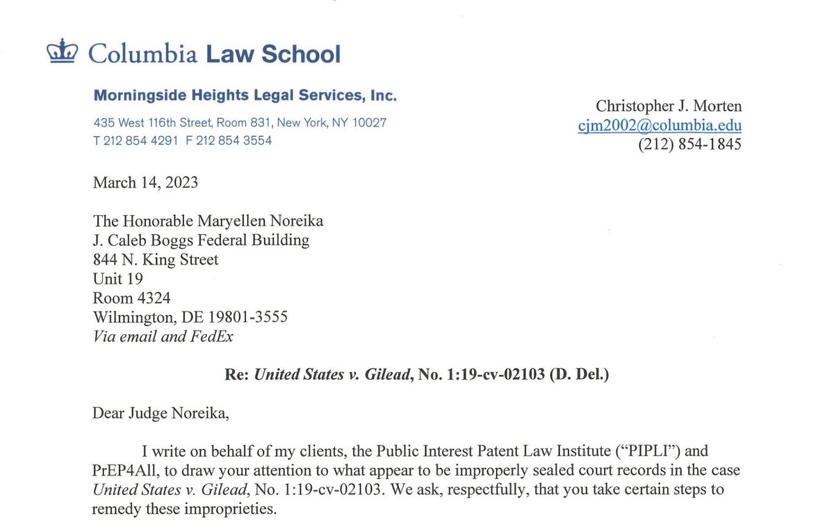 cmorten2's tweet photo. 🚨 New from @ColumbiaLaw's Science, Health &amp; Information Clinic:
Letter on behalf of @PublicPatent &amp; @PrEP4AllNow to the judge in the landmark United States v. Gilead HIV PrEP case.
Letter flags over-secrecy &amp; asks the judge to protect the public's right to court documents.
🧵
1/ https://t.co/gdxJcXM0Mc