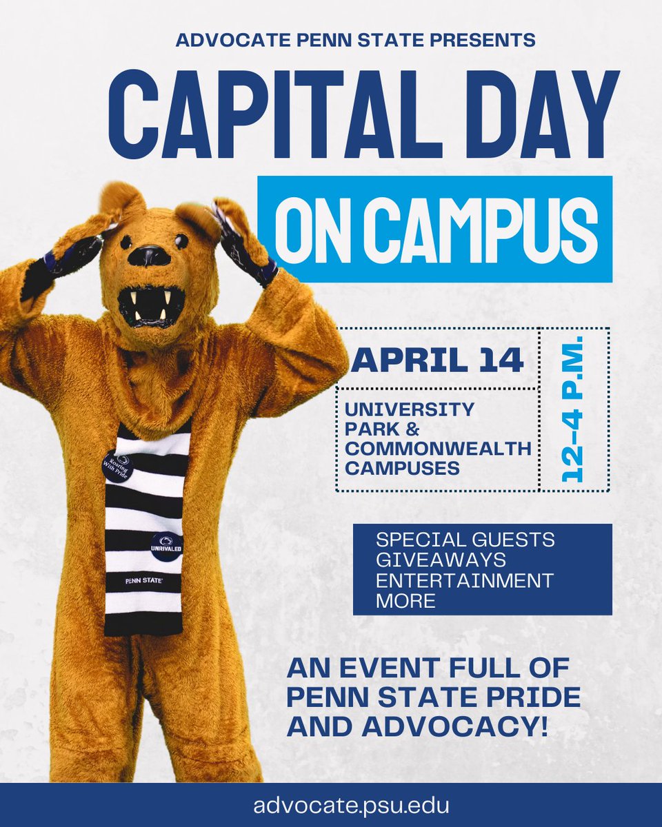 AdvocateState's tweet photo. ANNOUNCING: Capital Day On Campus!

Our annual day of advocacy is coming to a campus near you on April 14! We’re planning a full day of @penn_state  pride, advocacy, and a good bit of fun!

Learn more: https://t.co/BjalWPZCHp https://t.co/N9C8Kpun7j