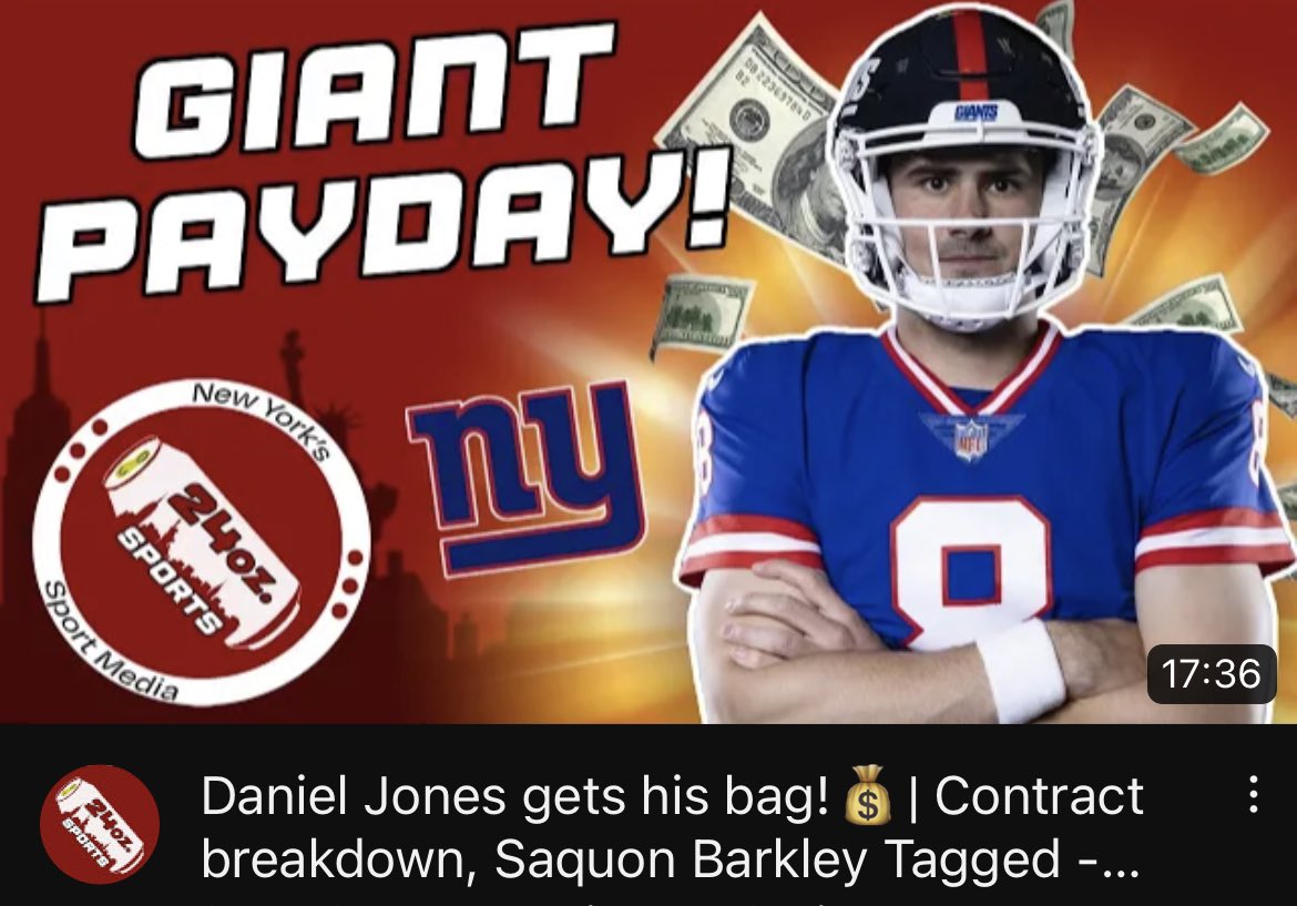 24oz_Sports's tweet photo. Daniel Jones got his bag! 💰                                                                                                          • Checkout our new video we breakdown Danny Dimes new contract and the tagging of Saquon Barkley.
➡️ https://t.co/MF5ERSnIFi https://t.co/yz9rLzrLPe