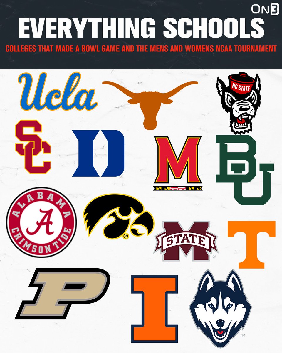On3's tweet photo. These 14 schools made the Men’s &amp; Women’s NCAA Tournaments and a Bowl Game in Football👏 https://t.co/L93q91g7A6