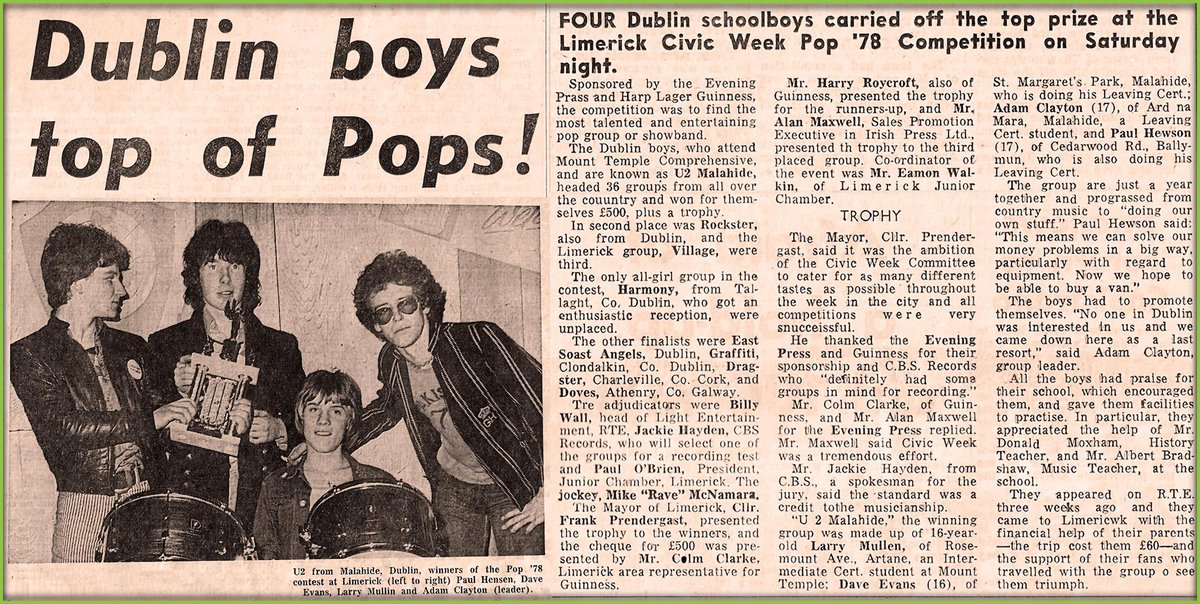 Today in 1978..
The band U2 performed, for the first time using that name, at a "Pop" Competition in the Stella Ballroom, Limerick. They won the Competition and...

#Limerick #otd #U2