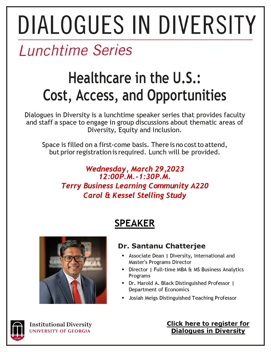 UGA_OIE's tweet photo. We are very excited to announce our upcoming Dialogues in Diversity on March 29th! Our speaker, Dr. Santanu Chatterjee will be discussing Healthcare in the U.S.: Cost, Access, and Opportunities

Please register for this event here: https://t.co/c24Mw9ovCO https://t.co/YiO8kEhWW0