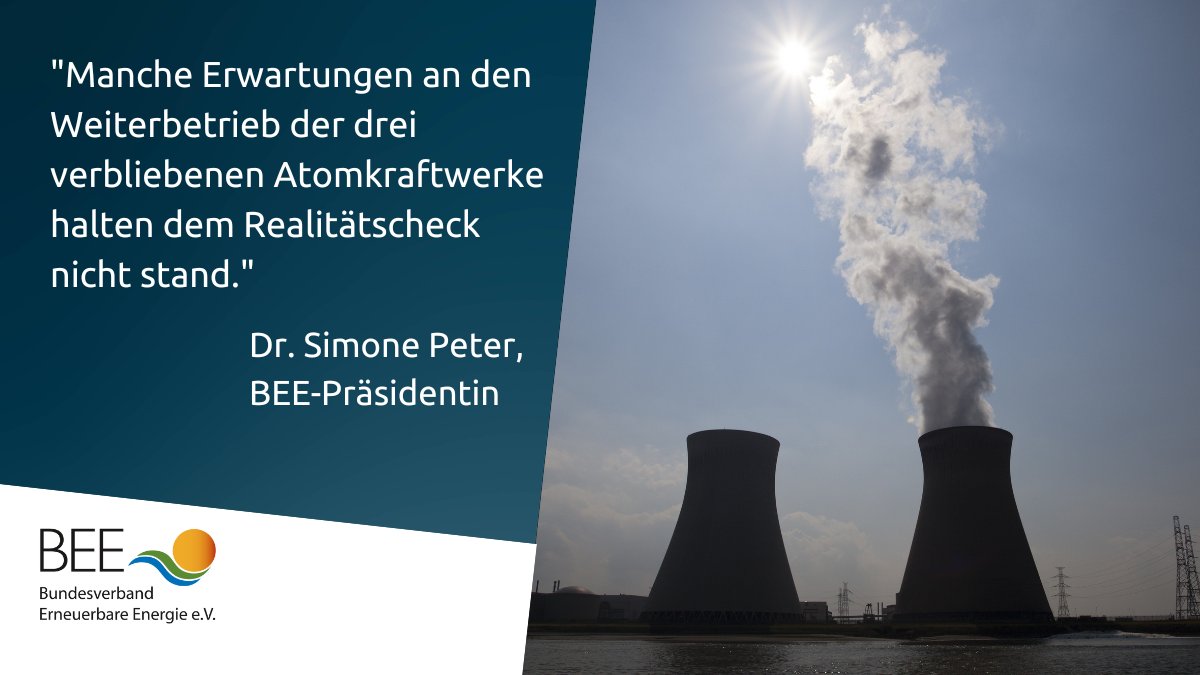 AKW-Weiterbetrieb verbessert Versorgungssicherheit nicht, schadet aber dem EE-Ausbau. Zu diesem Ergebnis kommt eine Analyse des BEE.

Dazu BEE-Präsidentin <a href="/peter_simone/">Simone Peter 🌍 #Erneuerbare</a> in unserer Pressemitteilung: bit.ly/3ZOuTdD

#Atomkraft #Kernenergie #Energiewende #Atomausstieg