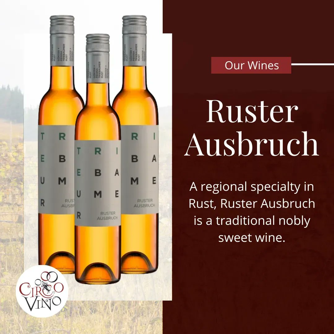 #WineWednesday Alert! From Günter and Regina Triebaumer, Ruster Ausbruch is a traditional sweet wine made from late-harvested botrytised grapes. Ruster Ausbruch balances intense sweetness with explosive acidity and great aging potential. 

🍷 #circovino #withthewinecircus