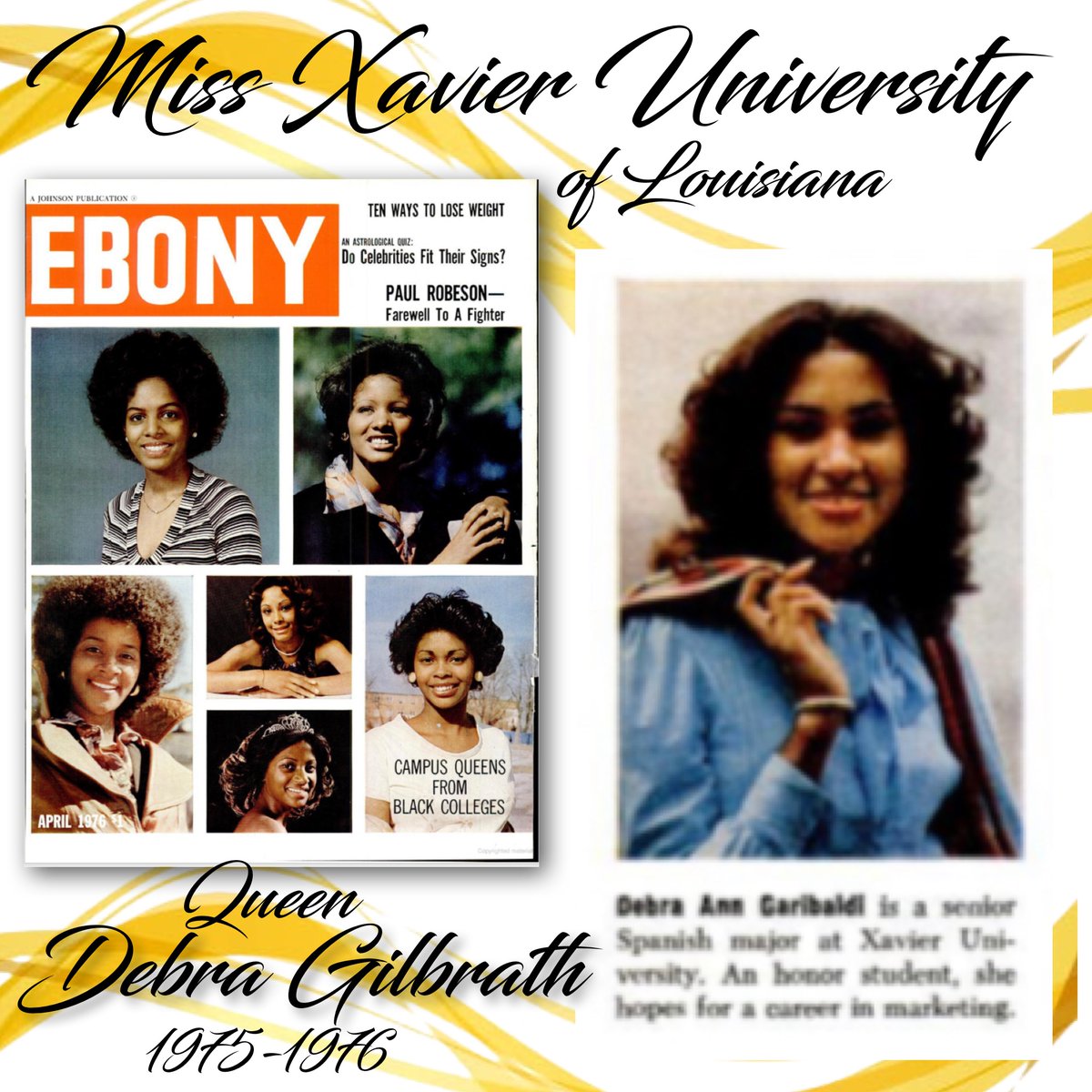 ForeverMissXU's tweet photo. Debra Ann Gilbreath, the 1975 - 1976 Miss Xavier University, was a Spanish major interested in pursuing a career in marketing. https://t.co/VHEOpKcVFV