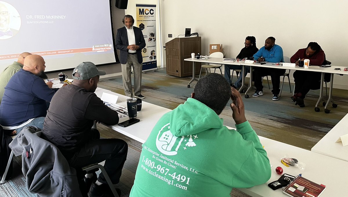 MCCforCT's tweet photo. We have officially kicked off the March 2023 MBE/DBE Construction Bootcamp here @HCCBridgeport! #MBE #DBE #Bootcamp2023 @PeraltaDesign #BJMSolutions #WCMcBride https://t.co/2MI16NL6CL