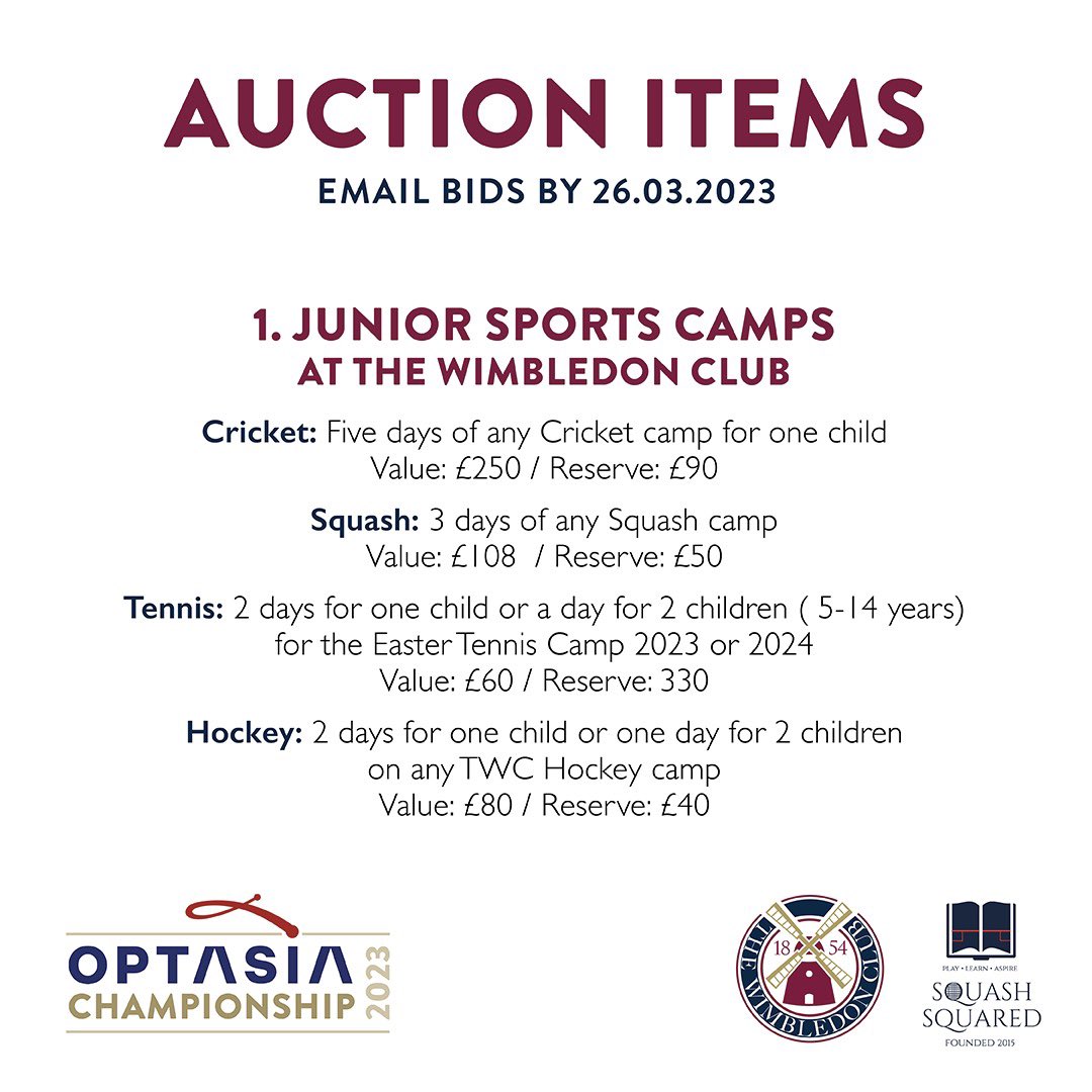 SquashSquared's tweet photo. During @OPTASIAsquash there’ll be an auction running to raise funds for our squash &amp; education program (link in bio) which introduces deserving children to squash. We have 9 incredible auction items available to bid for (see pic) Pls email your bid to director@squashsquared.com https://t.co/r05soWtaId