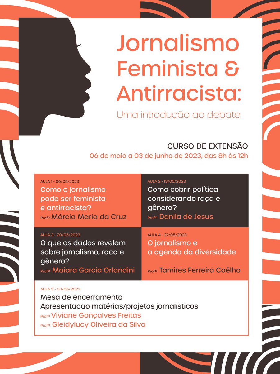 RedeFemPol's tweet photo. [Rede de Pesquisas em Feminismos e Política] 

Estão abertas as inscrições para o curso de extensão Jornalismo Feminista e Antirracista, que conta com a participação de nossa integrante @vivianegf14.

Confira a programação no cartaz! 

+ infos: https://t.co/HN1ieDLbl0 https://t.co/6qJWpA7fyz