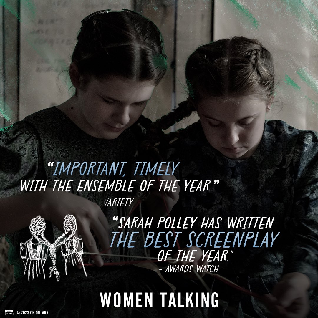 .@RealSarahPolley has “written the best screenplay of the year.” (@Awards_Watch) Watch the Academy Award winning film #WomenTalking, now playing in theaters and available on digital. womentalkingfilm.com