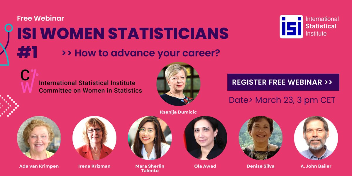 AdaVK's tweet image. Sign up for the webinar &apos;Women Statisticians in the ISI, How to advance your career&apos; on March 23. I am the invited speaker and five prominent ISI members will give their views. Registration is free:  bit.ly/3ZQCiJ9
#intstat #IASE #IAOS #IASS #TIES #BS #IASC #ISBISs