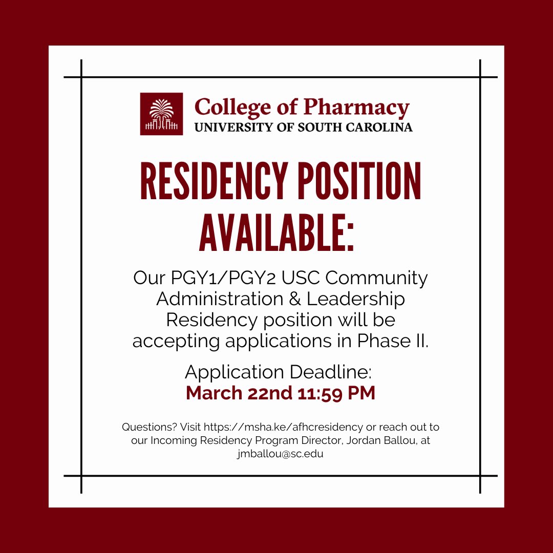 Attention pharmacy folks interested in Community/Am Care/Chronic Disease Mgmt and Admin/Leadership: Check out <a href="/UofSCPharm/">University of South Carolina College of Pharmacy</a> PGY1/2 CPAL Residency Program. We’re recruiting one resident to join our amazing team! #RxMatchDay #TwitteRx