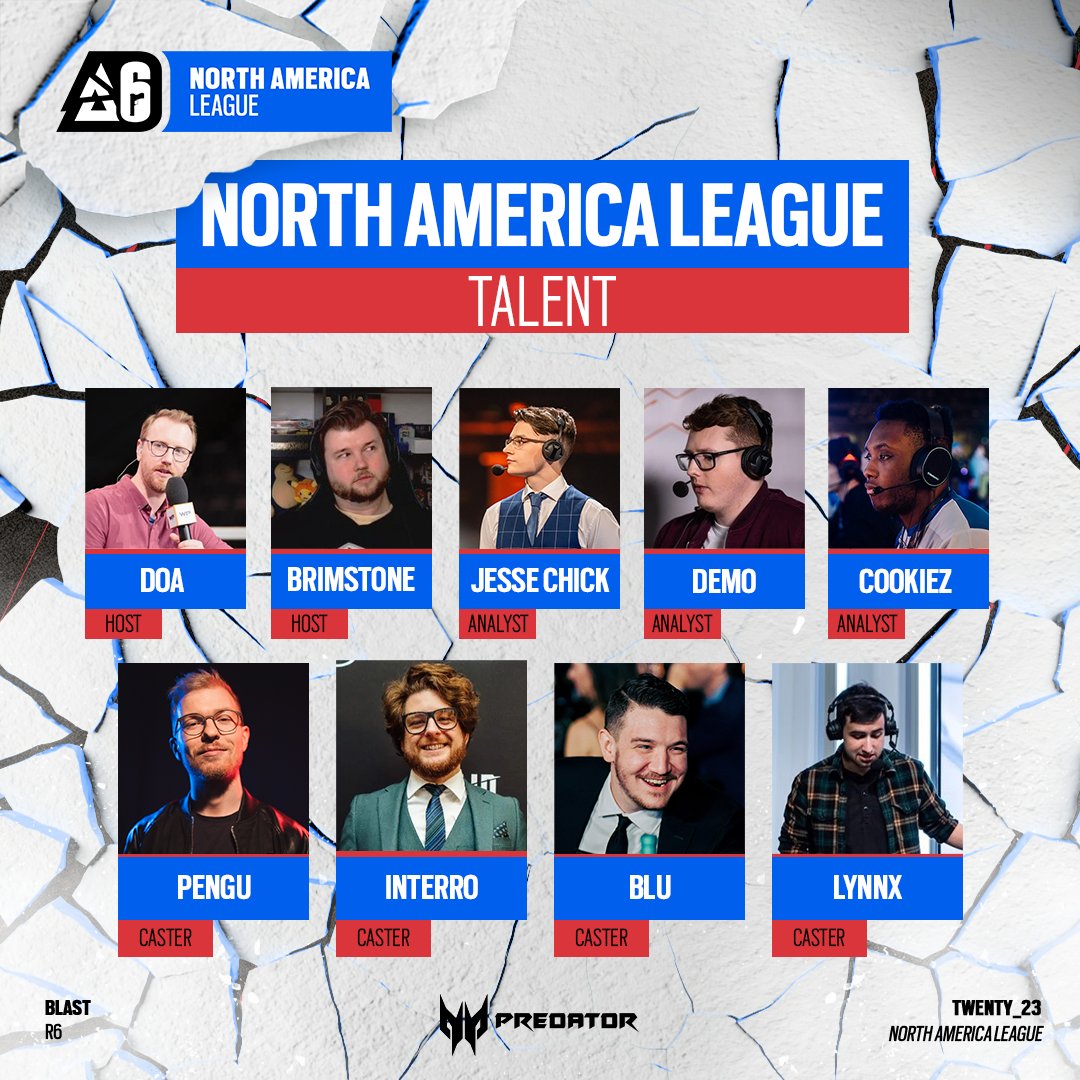 R6esportsNA's tweet photo. Say hello to our talent line-up for the #BLASTR6 North America League!

🔸@ggDoA
🔸@BrimstoneR6
🔹@JesseJChick
🔹@DemoCasts 
🔹@CookieZR6 
🎙️@Pengu
🎙️@INTERRO
🎙️@blucasts
🎙️@CastingLynnx https://t.co/trDyRdoIvq