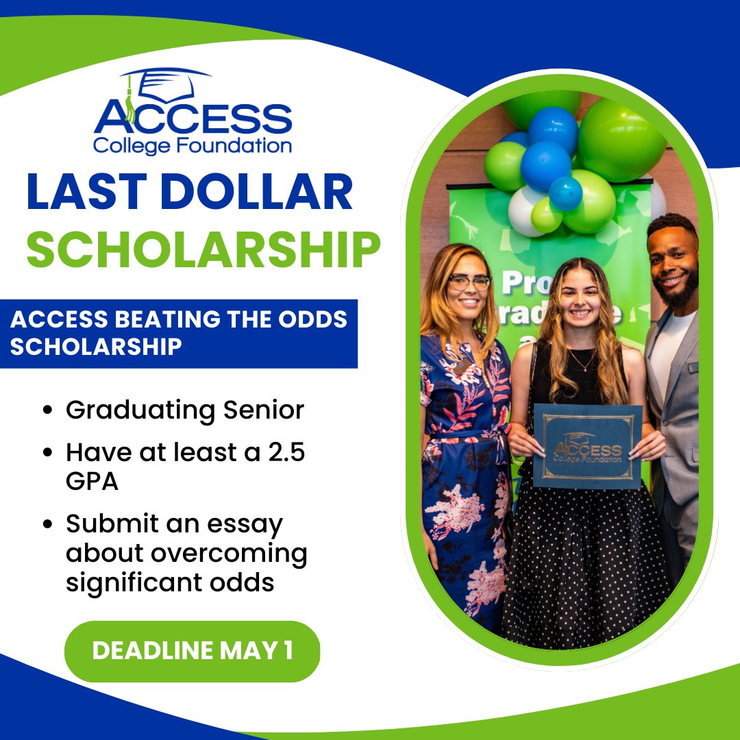 AccessCollegeFd's tweet photo. Now that our Scholarship Application is open, we want to share some of our available scholarships with you! One of our favorite scholarships to award each year is the ACCESS Beating the Odds Scholarship! https://t.co/82oJVFpgPv
