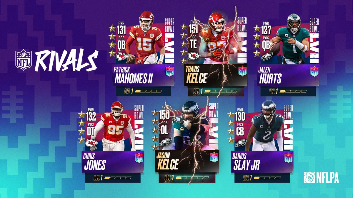 PlayNFLRivals's tweet photo. First up for the @Chiefs, Travis Kelce!!
And for the @Eagles, Jason Kelce!!

Get 11 Chiefs #SBLVII player cards like Patrick Mahomes II and Chris Jones to get the Chiefs airdrop.

11 Eagles #SBLVII player cards like Darius Slay Jr. and Jalen Hurts to get the Eagles airdrop. https://t.co/CpZ3Y2riXf