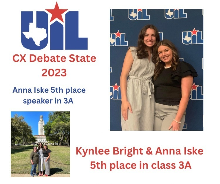 Iske and Bright take 5th place in Class 3A in CX Debate, Iske was the 5th place speaker overall! Please congratulate Anna and Kynlee and their awesome Coach, Pam Lattin!  GO ROUGHNECK DEBATE!!