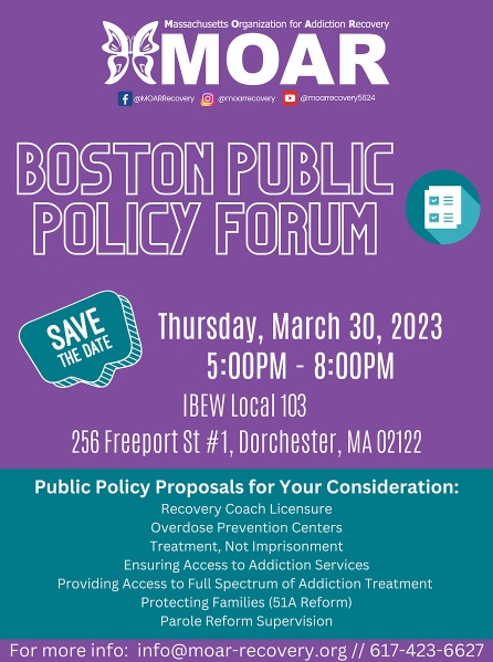We are just 2 weeks away from the 20th <a href="/RecoveryMoar/">MOAR-Recovery</a> Boston Public Policy Forum taking place on Thursday, March 30th from 5pm-8pm. There will be discussions on topics like 51A Reform, #Overdose #Prevention Centers and more! 

To learn more click: moar-recovery.org/20th-boston-po…