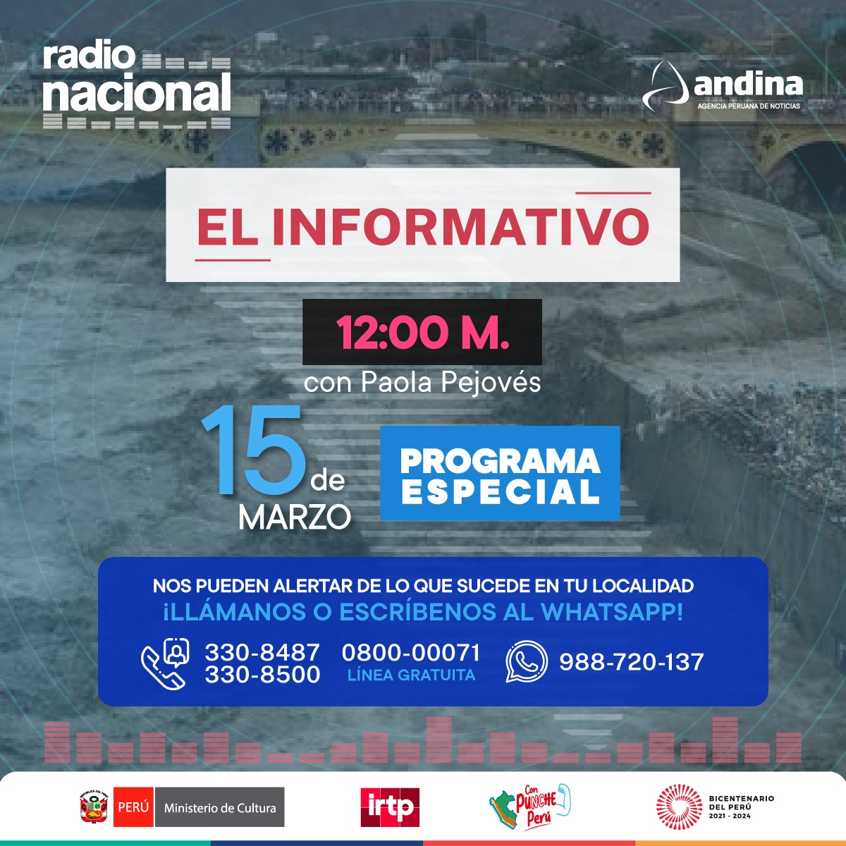RadioNacionalFM's tweet photo. 🔴 No se pierdan la Edición Especial de #ElInformativoxNacional de 12 p.m. a 2 p.m. con @Paola310. 

➡️ Nos pueden alertar de lo que sucede en tu localidad llamando al 330-8500, a la línea gratuita 0800-00071 o al WhatsApp de Radio Nacional 988 720 137

📻103.9 FM https://t.co/Jw3K1yIoUL
