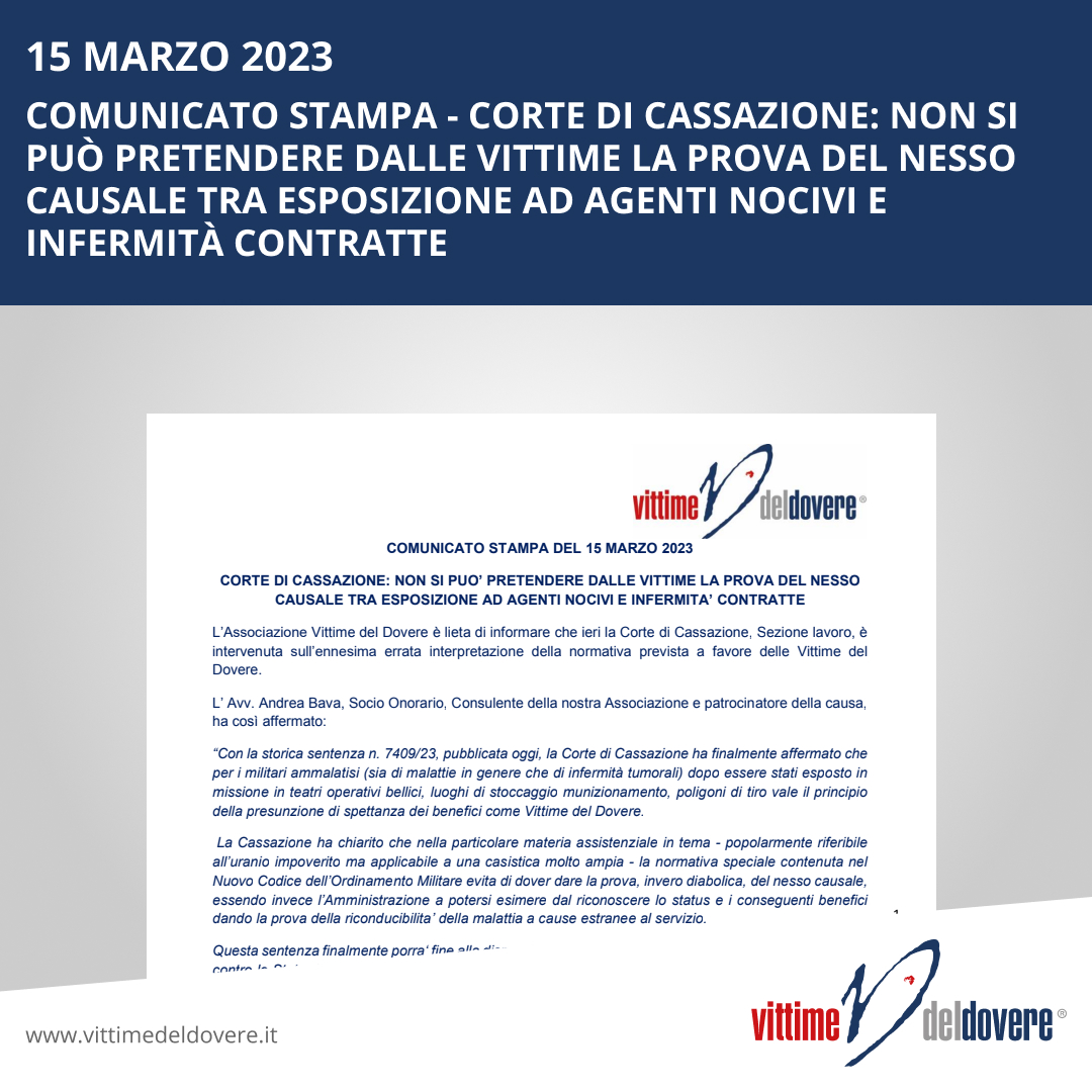 vittime_dovere's tweet photo. 15 MARZO 2023
COMUNICATO STAMPA - CORTE DI CASSAZIONE: NON SI PUO’ PRETENDERE DALLE VITTIME LA PROVA DEL NESSO CAUSALE TRA ESPOSIZIONE AD AGENTI NOCIVI E INFERMITA’ CONTRATTE
https://t.co/qxK8yZ1MKK 
#vdd #vittimedeldovere #comunicato https://t.co/hB1qbXL1Ll