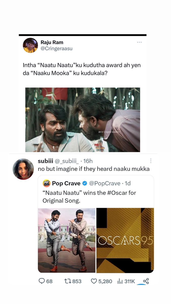 Nakkhul_Jaidev's tweet photo. Extremely proud of Team #RRR #NattuNattu winning the #Oscars 🌺💐 Hats Off!!! 
But also finding something like this online brings a smile to the face, Grateful 💕#manifesting @vijayantony @vijaymilton 🙏🏼🙏🏼🙏🏼 https://t.co/KXb3cQ1xfY
