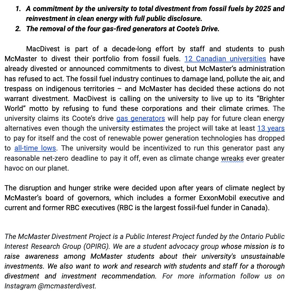 CJusticeMAC's tweet image. McMaster Divestment Is announcing a hunger strike to push the university full divestment and fossil fuel non-proliferation. You can support us at this link:
campaigns.gofossilfree.org/petitions/mcma…