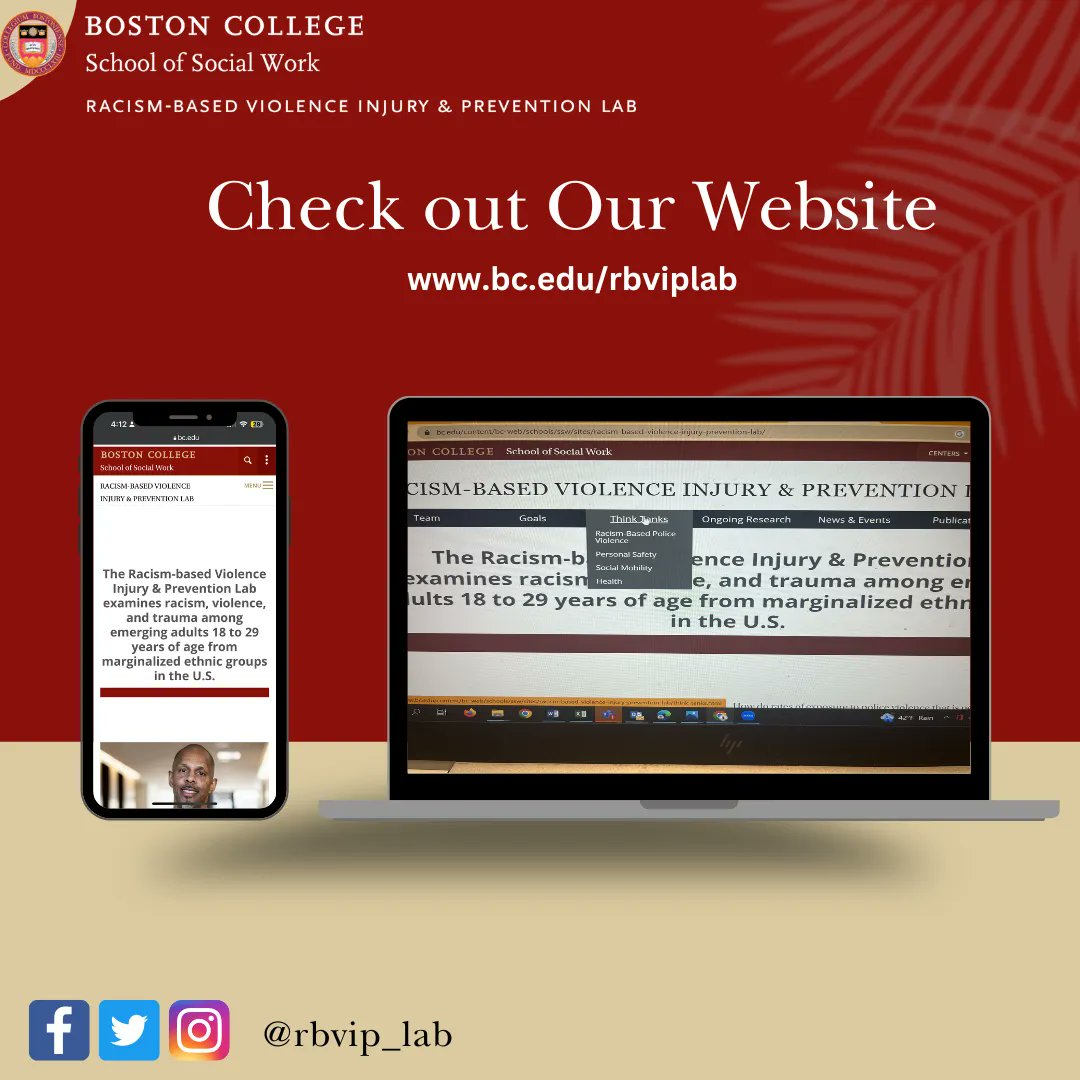 RBVIP_lab's tweet photo. The Racism-based Violence Injury &amp; Prevention Lab examines racism, violence, and trauma among emerging adults 18 to 29 years of age from marginalized ethnic groups in the U.S. Visit our website to learn more and join our think tanks.

#RBVIP #RBVIPLAB #WebsiteWednesday #Research https://t.co/pyRzzOMKmD