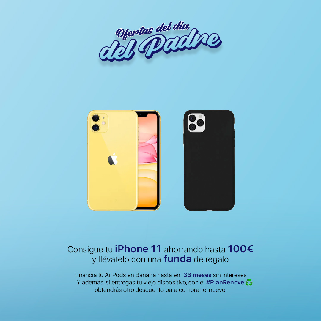 BananaComputer's tweet photo. ¡Celebra el Día del Padre con el iPhone 11 a un precio increíble! 🍌

Sorprende con uno de los smartphones más populares de Apple, ahorra hasta 100€ 😼

Y para hacerlo aún mejor, ¡tenemos ofertas exclusivas del Día del Padre para que puedas obtenerlo a un precio especial! https://t.co/uw195sDJi8