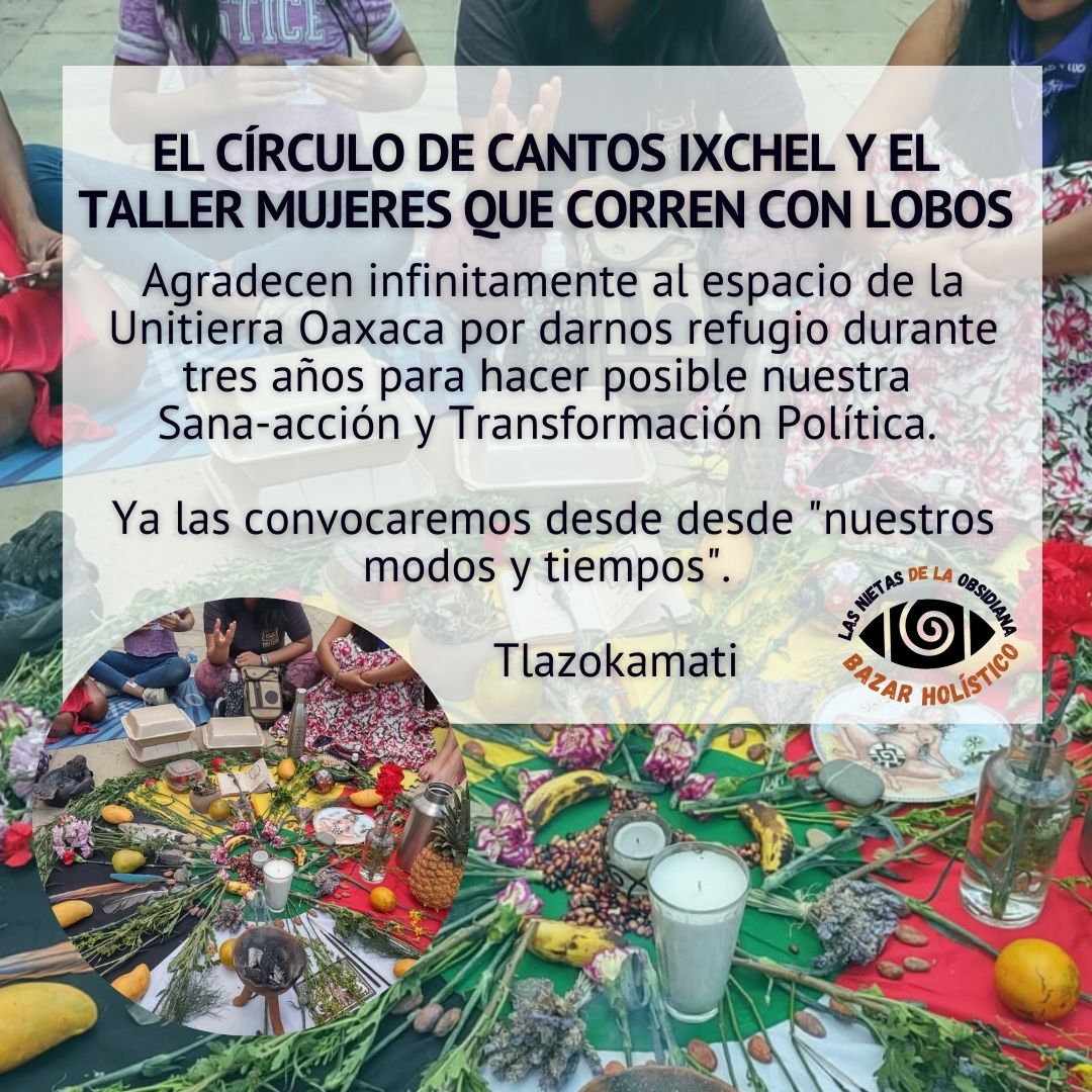 Agradecemos profundamente los aprendizajes colectivos
y la sana-acción política transformadora que nos  compartieron los espacios del círculo de cantos Ixchel y el taller mujeres que corren con lobos. 
🌿🌸🌺🐺🌱💜💚