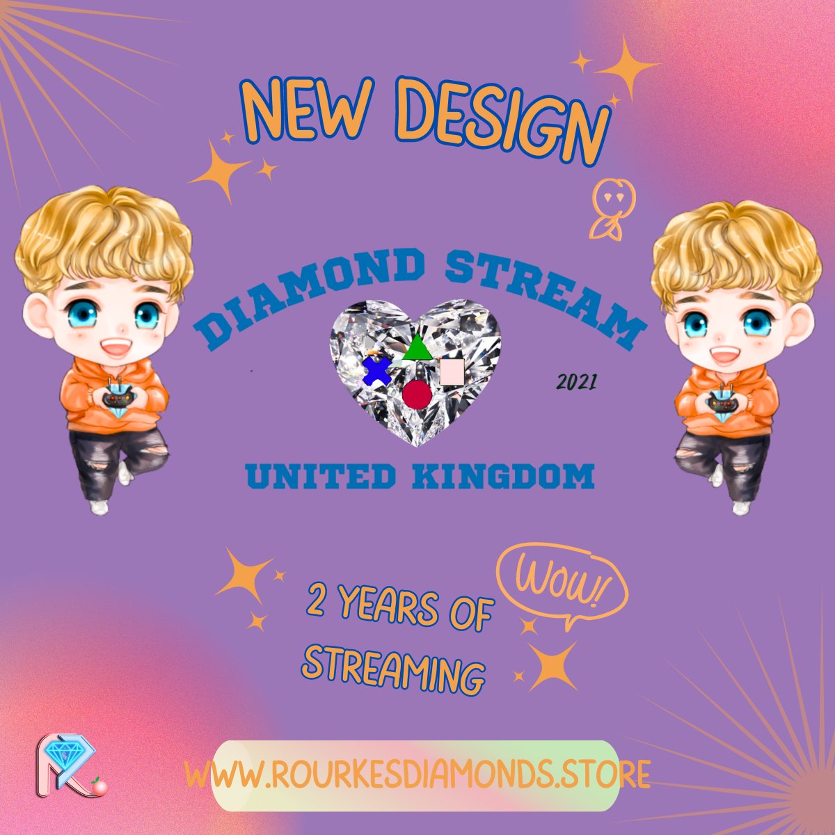HAPPY 2 YEAR STREAMING ANNIVERSARY 🎊🥳  🎉 

We have a special design for this year's anniversary also! It will be released later tonight but have a sneak peak already  🤭
Have a look at rourkesdiamonds.store

#Rourke #rourkediamonds #Twitch #TwitchStreamers  #gaymers