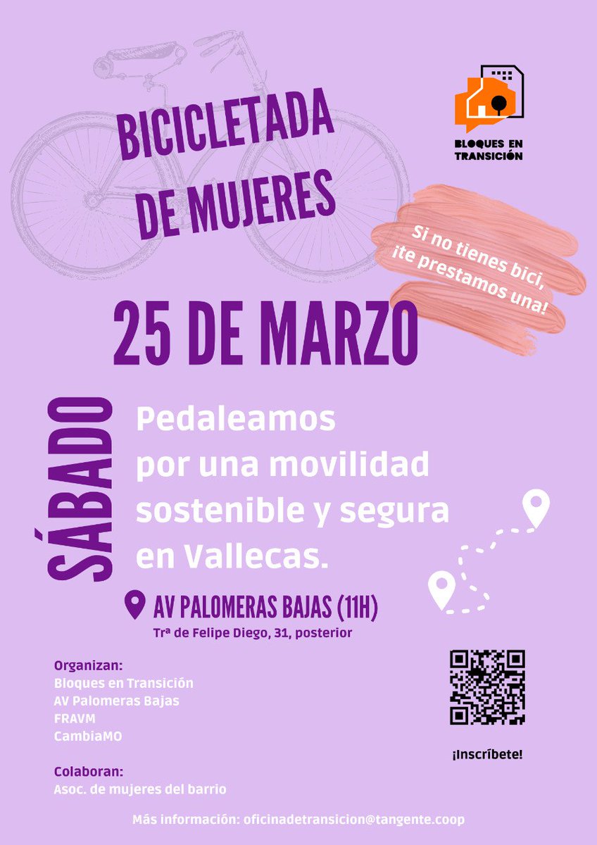 ¿Quieres usar la bicicleta en tu barrio? Te animamos a hacerlo en grupo en esta actividad gratuita organizada por @bloquesentransicion junto con la Asociación Vecinal Palomeras Bajas el sábado 25 de Marzo
<a href="/FRAVM/">Federación Vecinal de Madrid</a> <a href="/somospalomeras/">Somos Palomeras</a> <a href="/Tangente_coop/">Tangente</a>
