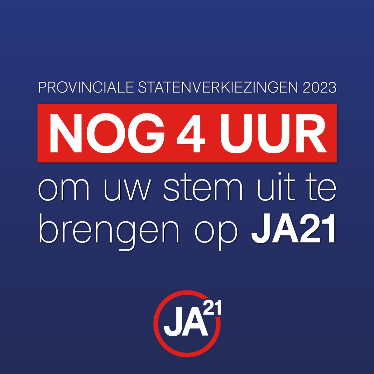 JuisteAntwoord's tweet photo. Nog vier uur voor de stembureaus sluiten.

Maak gebruik van uw stemrecht. Stem op #JA21!
Want #HetMoetEchtAnders.

#Verkiezingen15maart https://t.co/oQYo4YRXej