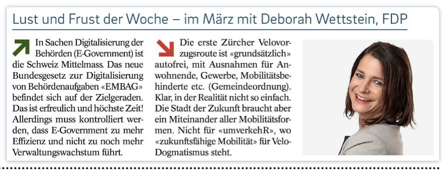 Mein ‚Lust &amp; Frust‘ im Tagblatt diese Woche: In Bern gehts endlich voran mit der Digitalisierung der Verwaltung (E-Government) 👩‍💻✅😁. In Zürich gehts wenig voran mit der Überwindung des Velo-Bünzlitums („zukunftsfähige Mobilität“?) 🫣🤦🏻‍♀️. <a href="/mehblau/">FDP Stadt Zürich</a> <a href="/fdp_zh/">FDP Kanton Zürich</a> 
tagblattzuerich.ch/aktuell/album/…