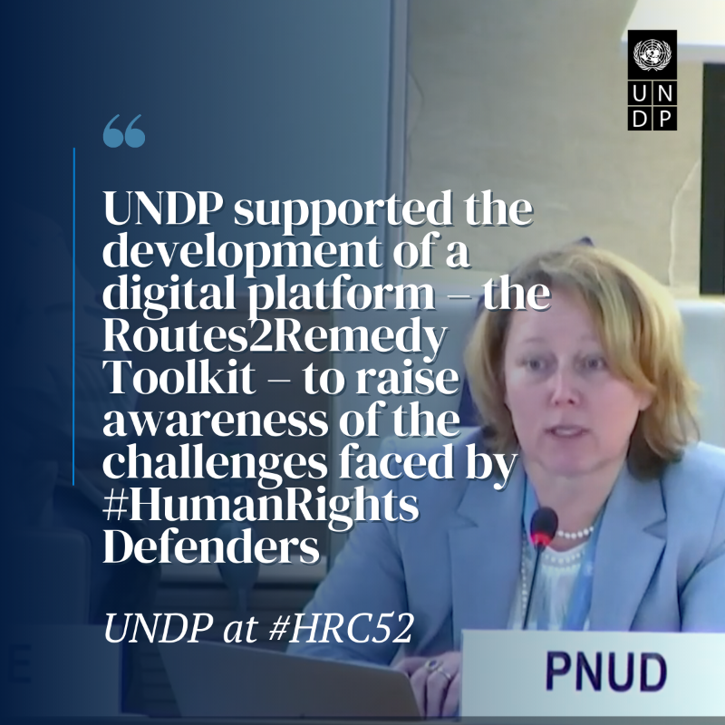 UNDPGeneva's tweet photo. 📢 @UN_HRC @UNDP called for more to be done to creating an enabling &amp; safe environment where #humanrights defenders can operate without fear of violence &amp; reprisals #HRC52  
🇺🇳@agiveres