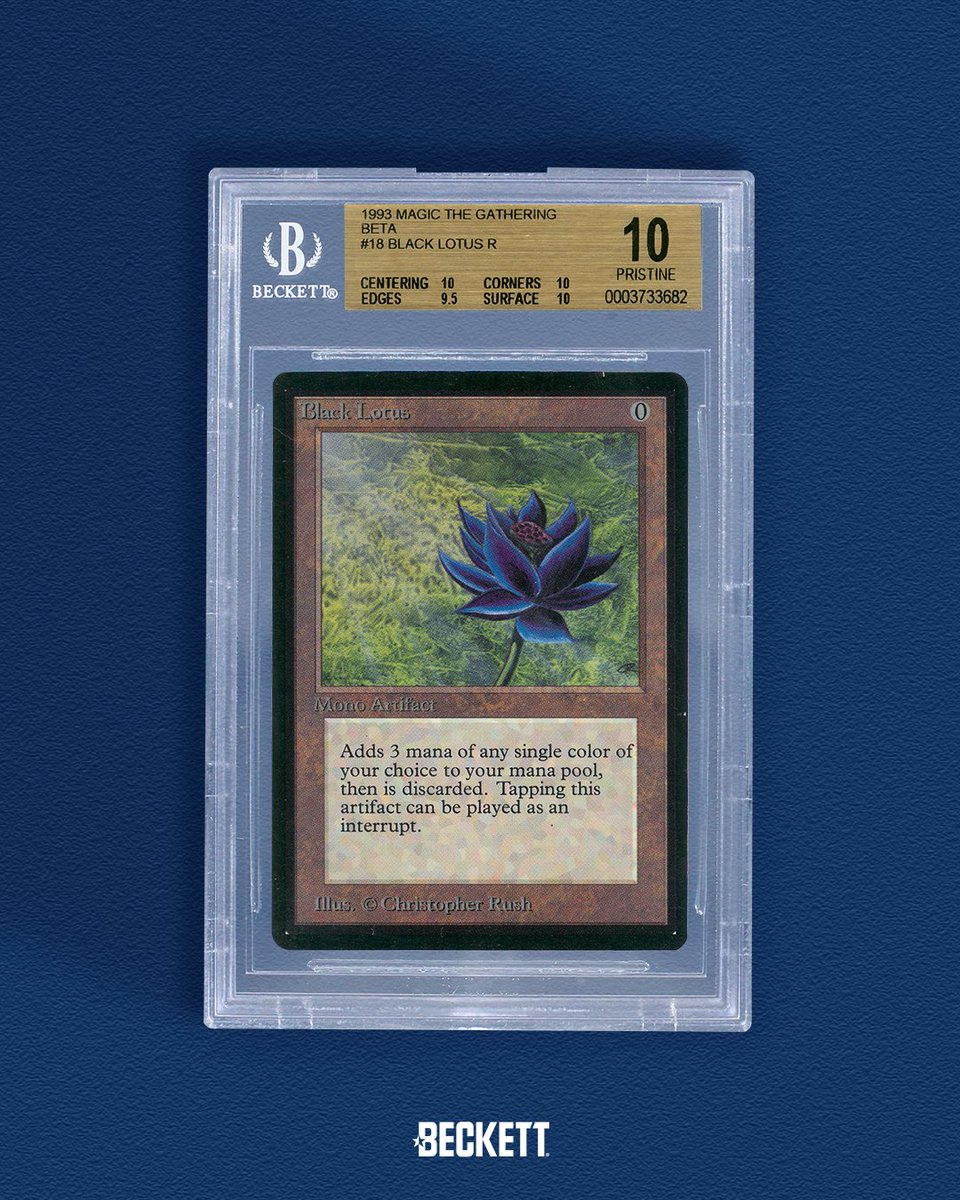 beckettcollect's tweet photo. Possibly one of the biggest grails in the hobby, Magic: The Gathering Beta Black Lotus. With an estimated print run of just over 3,000 copies, this is easily one of the more sought after TCG cards. With 379 copies being submitted, only 4 copies have ever graded a pristine 10. https://t.co/6EILOBssAS