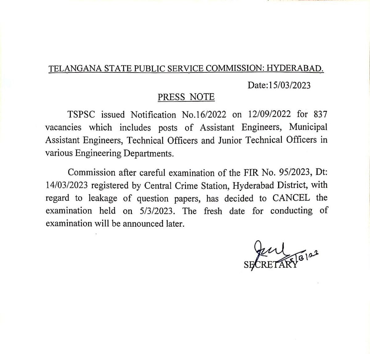 RishikaSadam's tweet photo. #Telangana State Public Service Commission cancels examination held on March 5th in the wake of question paper leak (of exam held earlier.) and FIR related to it. Fresh date for conducting of exam will be announced later. #TSPSCScam #TSPSC #Hyderabad https://t.co/hZVaW9JIPu