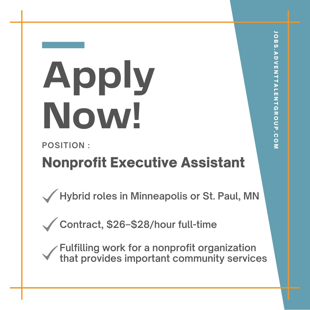 Advent_Talent's tweet photo. #NowHiring two Executive Assistants for #Nonprofit organizations in the Twin Cities! Keep reading for more info and to apply:

St. Paul MN, $24-$28/hour: https://t.co/7wmKEaRPOg

Minneapolis MN, $28/hour: https://t.co/f3EIhSCESq https://t.co/nXv8ipUtRd